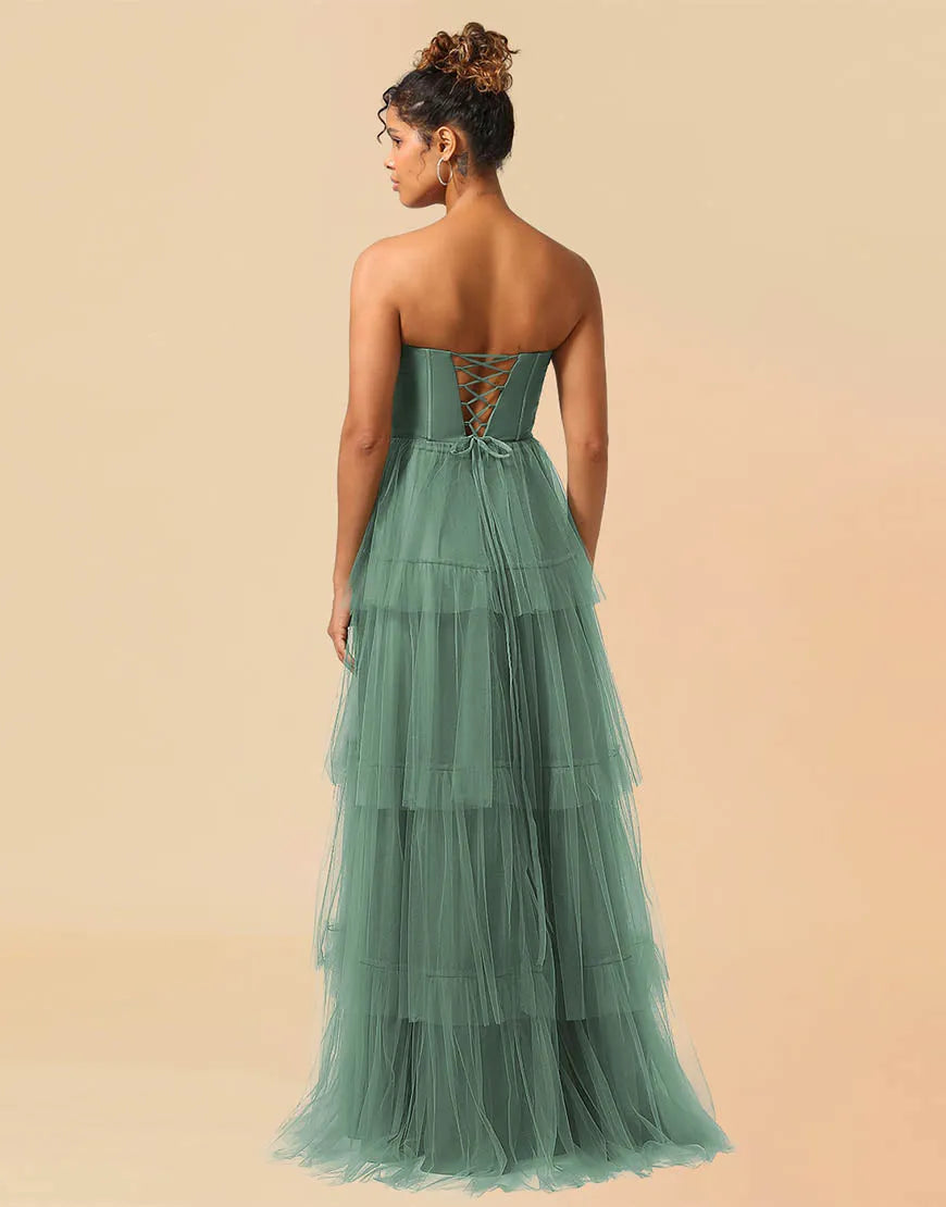 Wholesale Bridesmaid Dress A-Line Detachable Straps Lace Up Tulle With Split