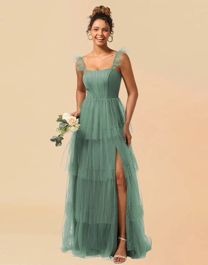 Wholesale Bridesmaid Dress A-Line Detachable Straps Lace Up Tulle With Split