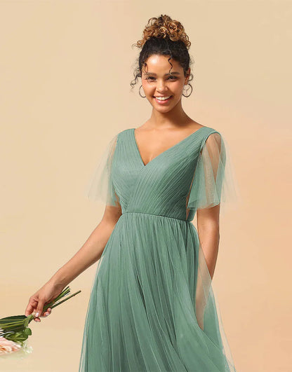 Wholesale Bridesmaid Dress A-Line V-Neck Floor Length Tulle