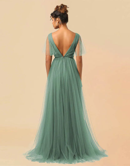 Wholesale Bridesmaid Dress A-Line V-Neck Floor Length Tulle