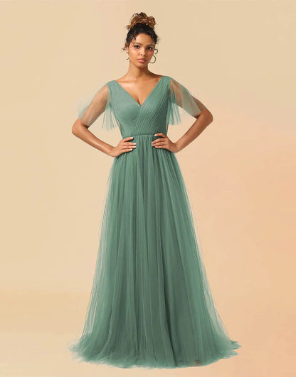 Wholesale Bridesmaid Dress A-Line V-Neck Floor Length Tulle