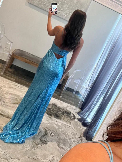 Wholesale Fashion Mermaid Evening Dress V Neck Cutout Blue Long Prom Dress