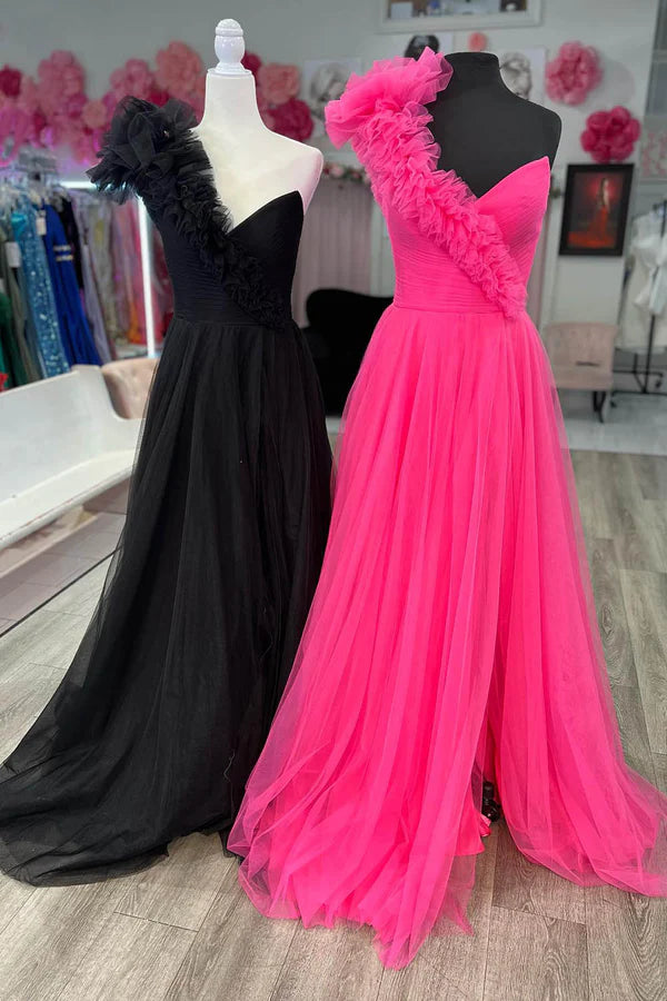 Wholesale Elegant A-Line One Shoulder Long Tulle Prom Dress with Ruffles