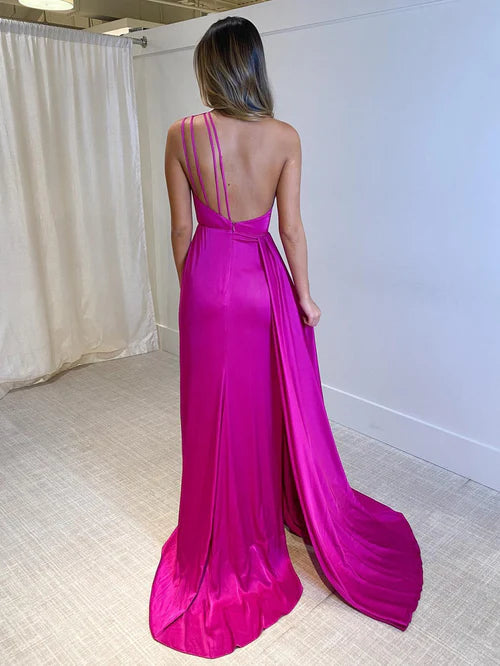 Wholesale Mermaid Evening Dress One Shoulder Fuchsia Long Prom Dress