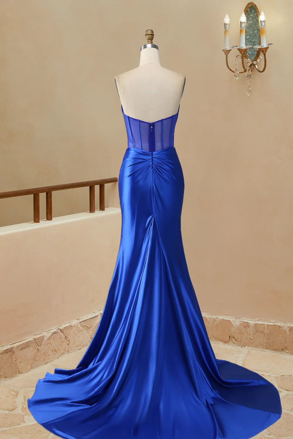 Wholesale Long Prom Dress Sheath Pleated Boning Sheer with Slit