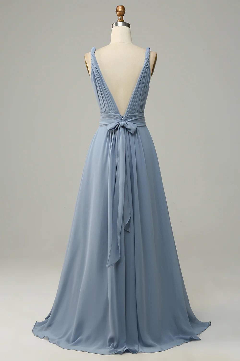 Wholesale Dusty Blue Deep V Neck A Line Long Bridesmaid Dress