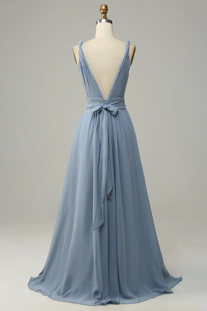 Wholesale Dusty Blue Deep V Neck A Line Long Bridesmaid Dress