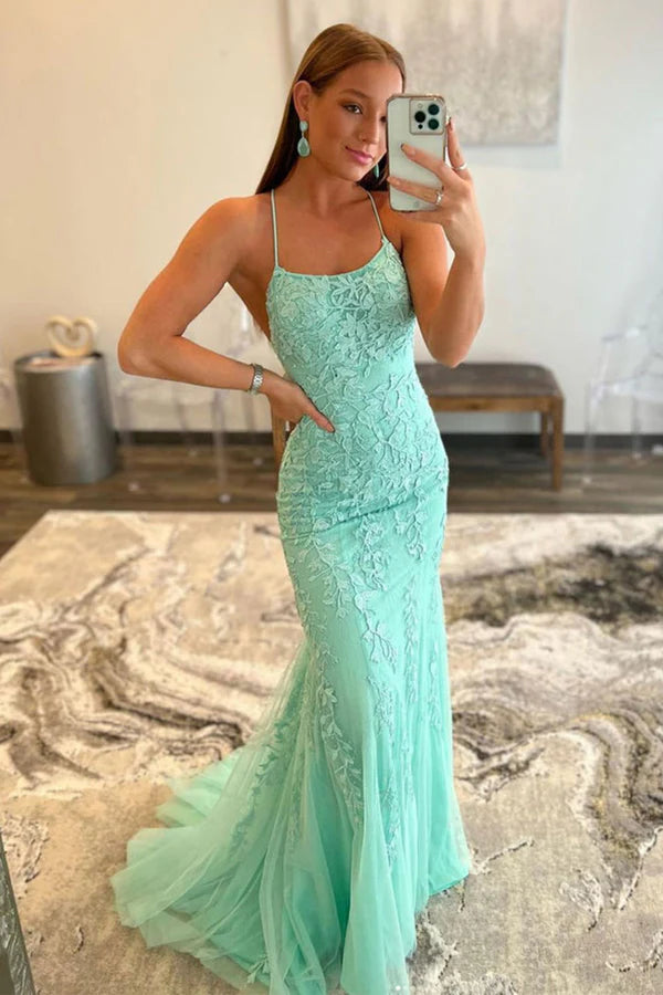 Aimishang Mermaid Evening Dress Spaghetti Straps Lace Prom Dress