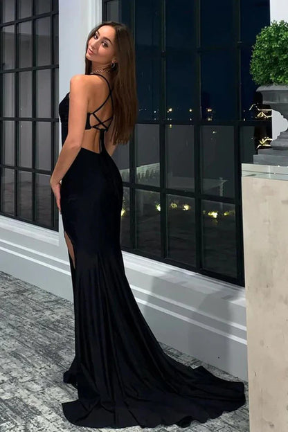 Wholesale Fashion Mermaid Evening Dress Halter Neck Jersey Prom Dress with Slit