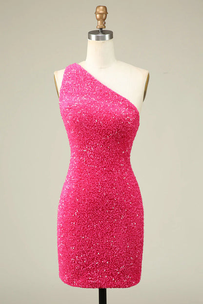 Wholesale Homecoming Dress Classy Fuchsia One Shoulder Sequins Tight