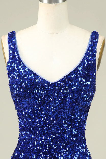 Wholesale Short Homecoming Dress Classy Royal Blue Sheath V Neck Sequin Fitted