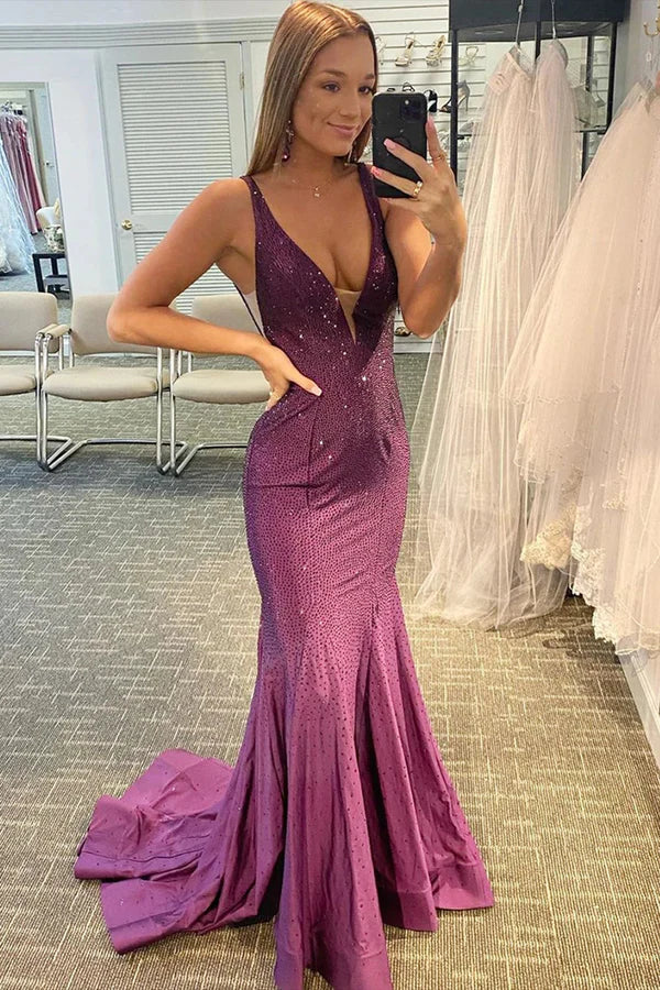 Wholesale Elegant Mermaid Evening Dress V-neck Beaded Prom Dress