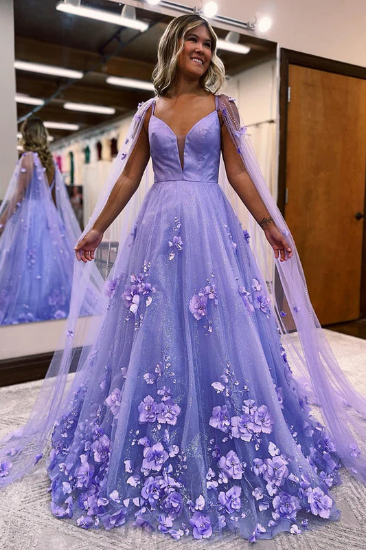 Wholesale Lavender Evening Dress 3D Floral Lace A-Line Prom Dress with Cape Sleeves