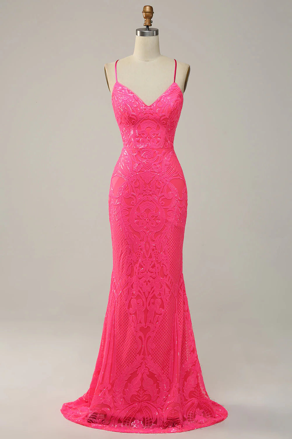 Wholesale Long Prom Dress Hot Pink Mermaid Spaghetti Straps Sequined Evening Dress