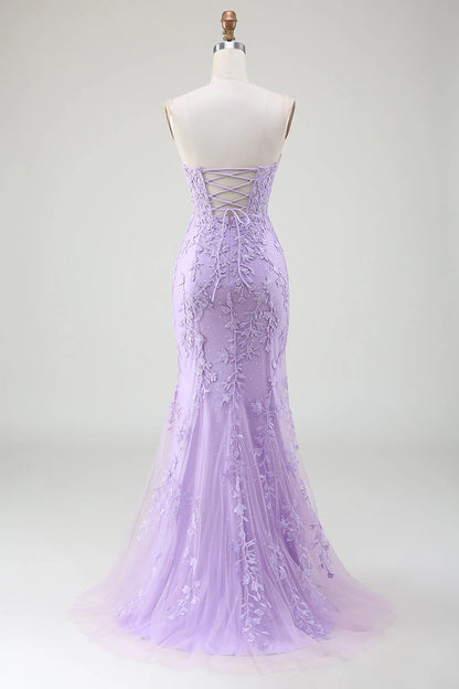 Wholesale Mermaid Evening Dress Sweetheart Lace Corset Light Purple Long Prom Dress with Slit