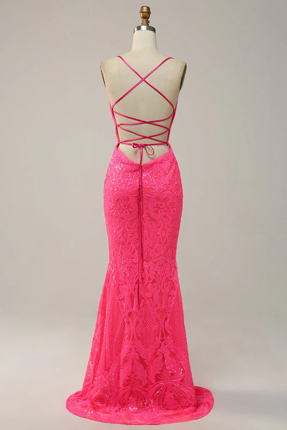 Wholesale Long Prom Dress Hot Pink Mermaid Spaghetti Straps Sequined Evening Dress