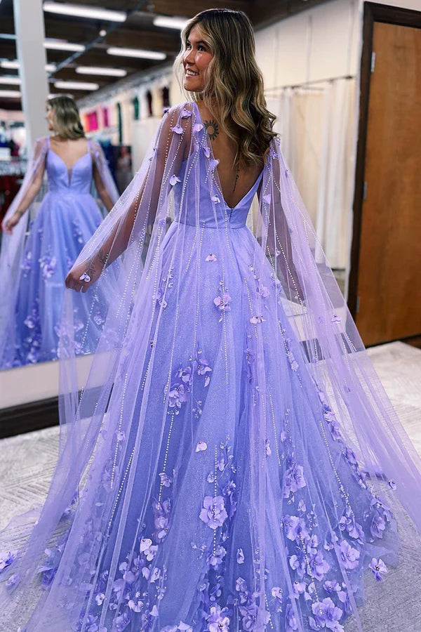 Aimishang Lavender Evening Dress 3D Floral Lace A-Line Prom Dress with Cape Sleeves