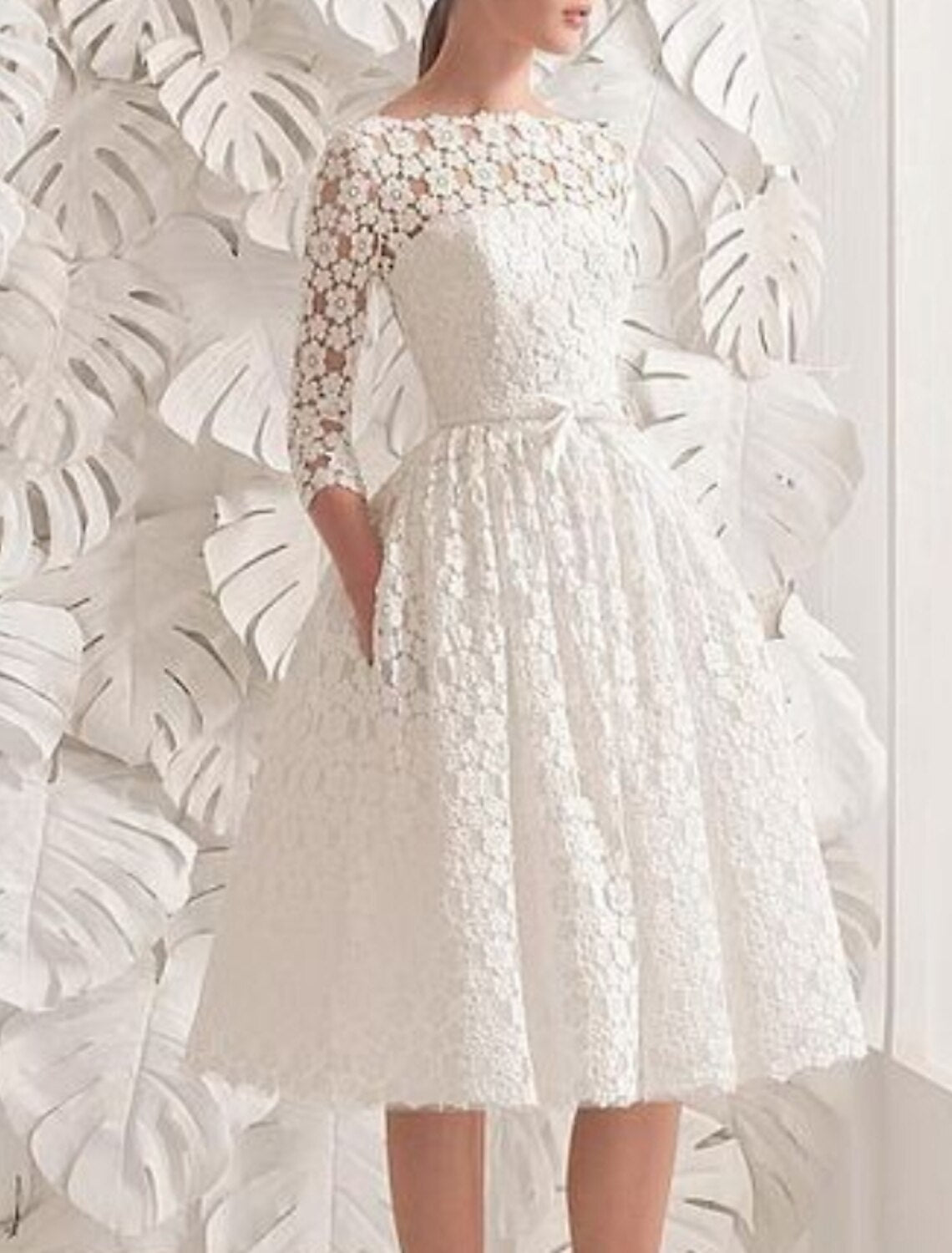 Wholesale Reception Little White Dresses Wedding Dresses A-Line Scoop Neck 3/4 Length Sleeve Knee Length Lace Bridal Gowns With Sashes / Ribbons Appliques