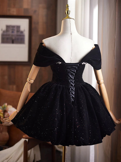 Aimishang Pretty Off the Shoulder A Line Black Short Formal Prom Dress Shiny Homecoming Dress