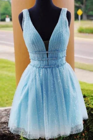 Wholesale A Line Graduation Dresses Tulle V Neck Homecoming Dress With Beading