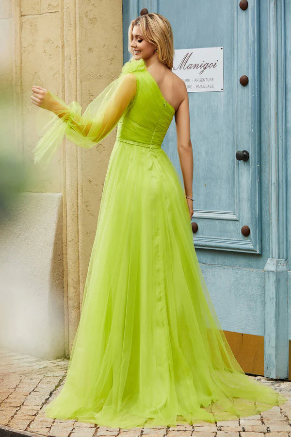 Wholesale Elegant Evening Dress Floral Lime-Green Prom Dresses One Shoulder Pleated Tulle Long Dress