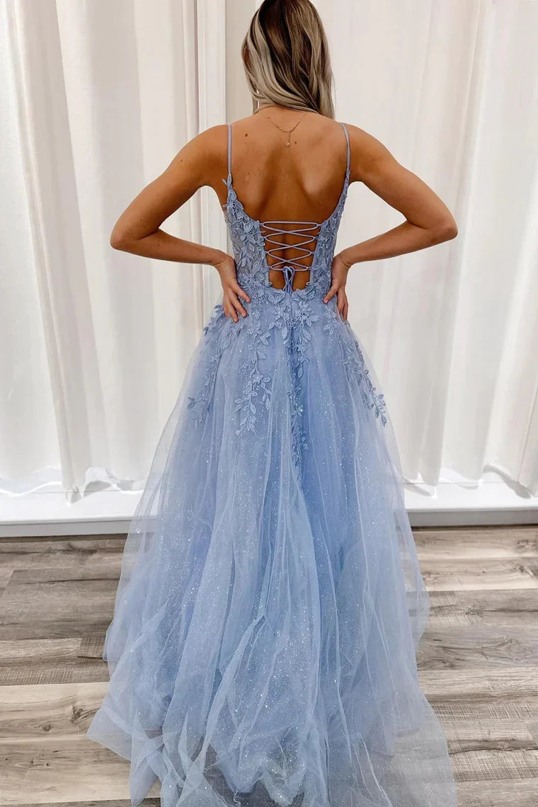 Wholesa Light Blue Tulle Appliques Plunge V A-Line Long Prom Dress