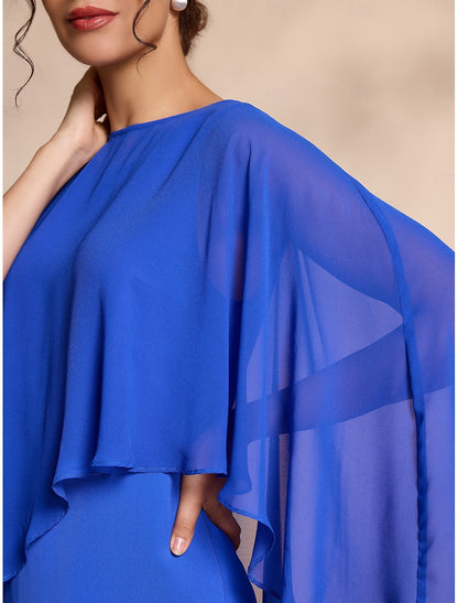 Wholesale Elegant Blue Chiffon Causal Round Sleeve 2 Piece Midi Mother of the Bride Dress