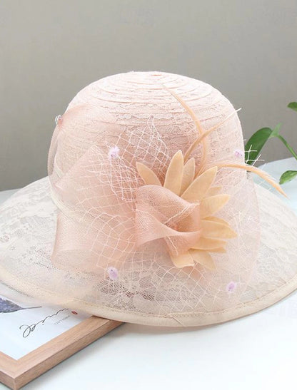 Wholesale Fascinators Hats Headwear Organza Bucket Hat Straw Hat Sun Hat Wedding Casual Holiday Tea Party Beach Elegant Vintage With Feather Bows Headpiece Headwear