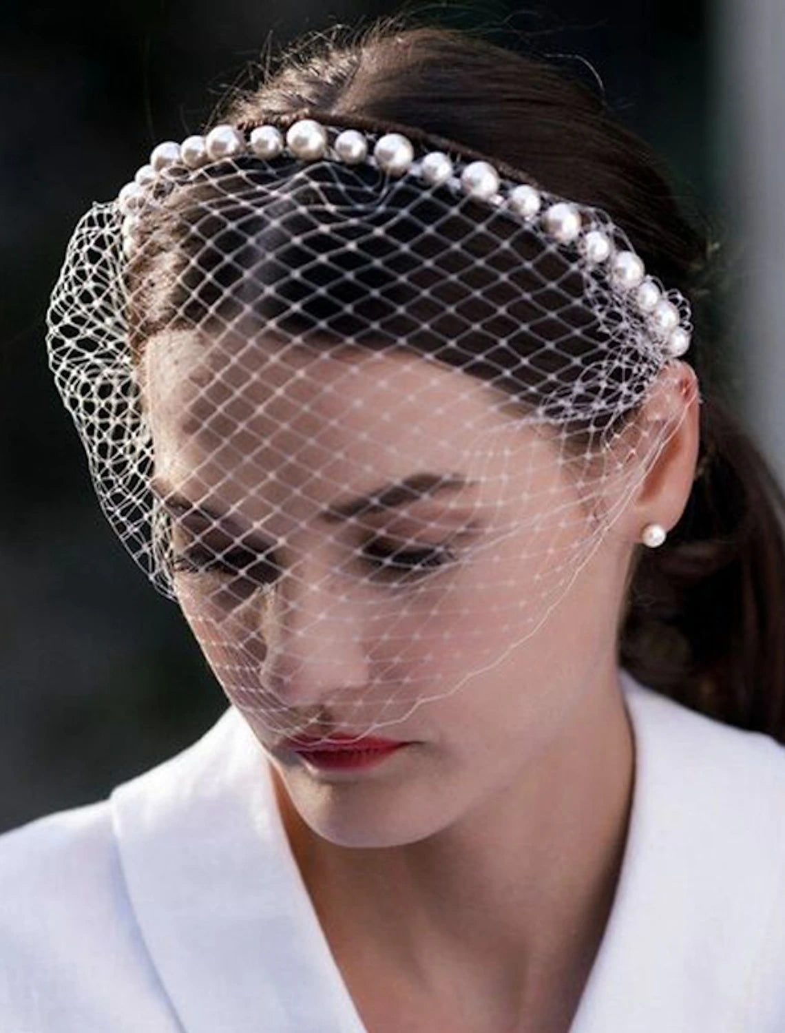 Wholesale One-tier Pearls Wedding Blusher Veils / Birdcage Veils with Faux Pearl Tulle