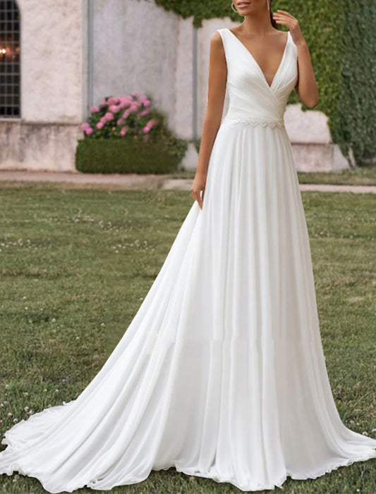 Wholesale Hall Casual Wedding Dresses A-Line V Neck Sleeveless Sweep / Brush Train Chiffon Bridal Gowns With Pleats