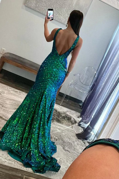 Wholesa Mermaid Deep V Neck Dark Green Sequins Long Prom Dresses