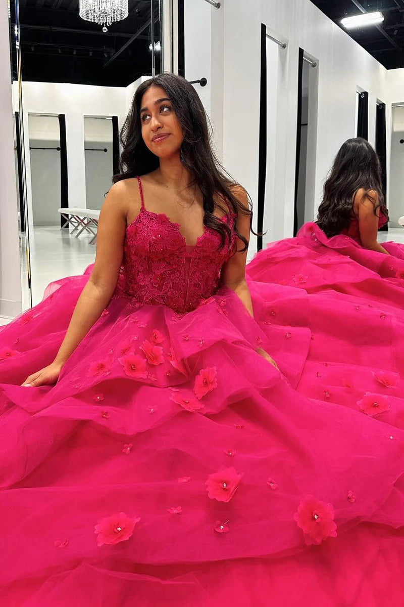 Wholesa Fuchsia Sweetheart Tiered Tulle Ball Gown Prom Dresses with Appliques