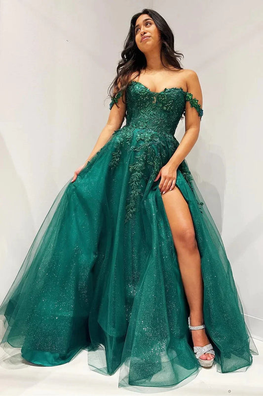 Wholesa Glitter Emerald Appliques Off-the-Shoulder A-Line Long Prom Dress