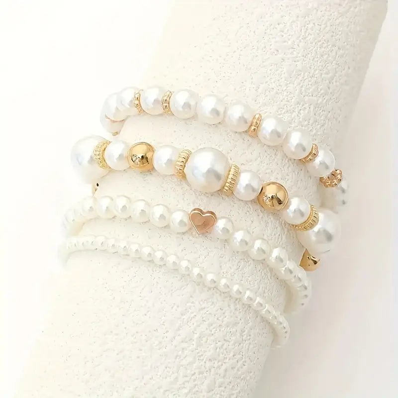 Wholesale 4-Piece White Faux Pearl Beaded Bracelet Set, Bohemian & Vacation Style, Timeless Handcrafted Jewelry, Elegant & Dainty with Adjustable Fit, Perfect Fashion Accessory for Any Occasion