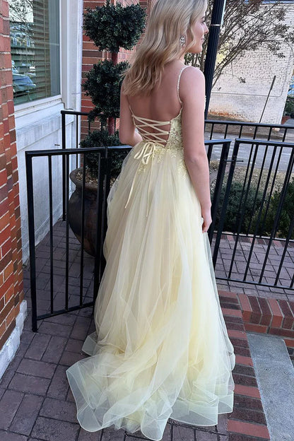 Wholesa Yellow V Neck Tulle Long Prom Dresses with Appliques