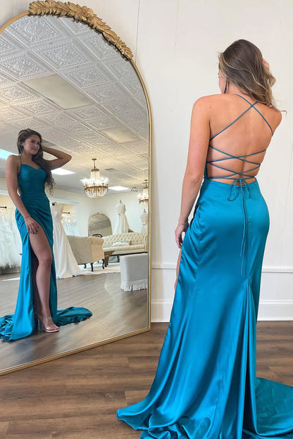 Wholesa Peacock Blue Spaghetti Straps Satin Mermaid Prom Dresses with Slit