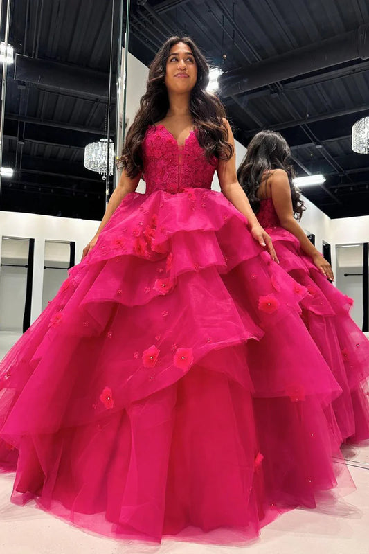 Wholesa Fuchsia Sweetheart Tiered Tulle Ball Gown Prom Dresses with Appliques