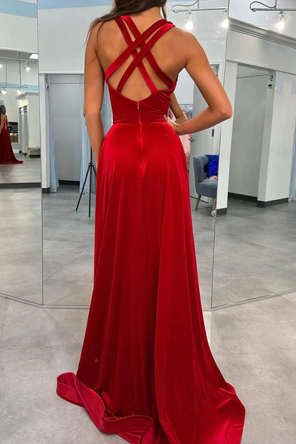 Wholesa Red Velvet A-Line V Neck Long Prom Dress With Slit