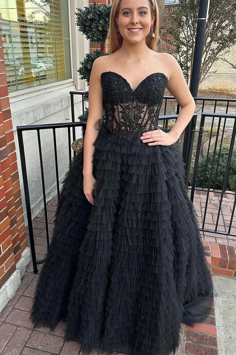 Wholesa Black Sweetheart Tiered Tulle Long Prom Dresses with Appliques