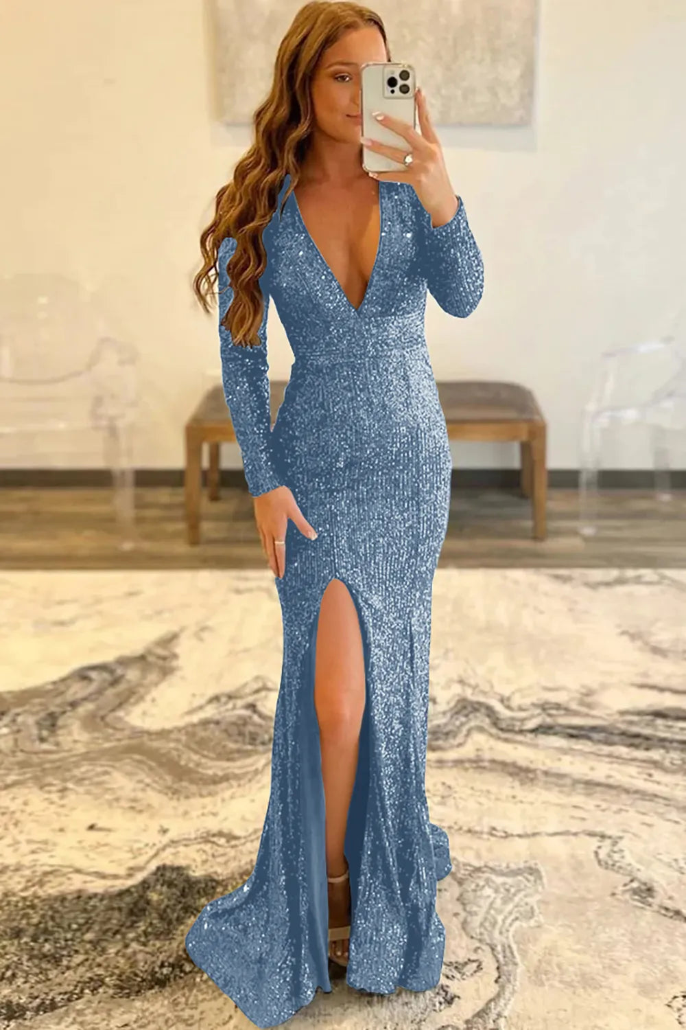 Wholesale Evening Dress Mermaid Glitter Navy Sequins Mesh Backless Prom Dress