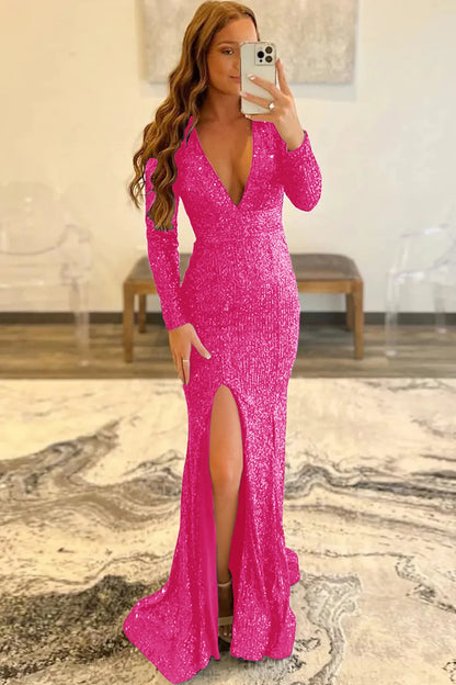 Wholesale Evening Dress Mermaid Glitter Navy Sequins Mesh Backless Prom Dress