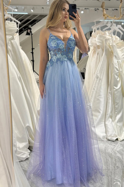 Wholesale A Line Tulle Spaghetti Straps Prom Dress With Appliques