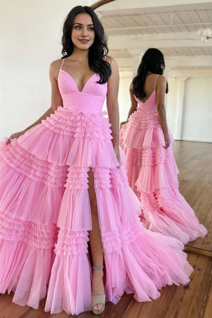 Aimishang A-Line Spaghetti Straps Long Evening Dress Tiered Tulle Prom Dress With Split