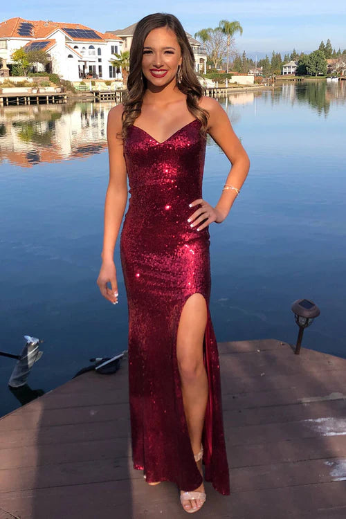 Wholesale Elegant Glittery V-Neck Mermaid Long Burgundy Prom Dress