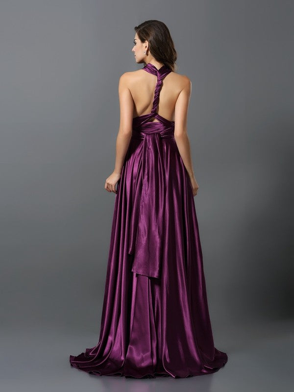 Wholesale A-Line Silk like Satin V-neck Sleeveless Sweep/Brush Train With Pleats Convertible Bridesmaid Dresses