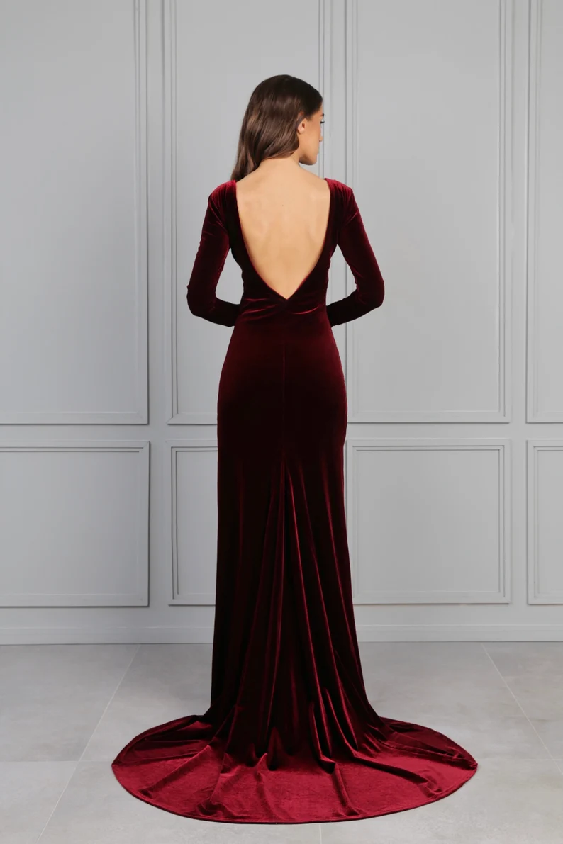 Wholesale Dark Burgundy Bridesmaid Velvet Dress Mermaid Maxi Open Back Train Dress