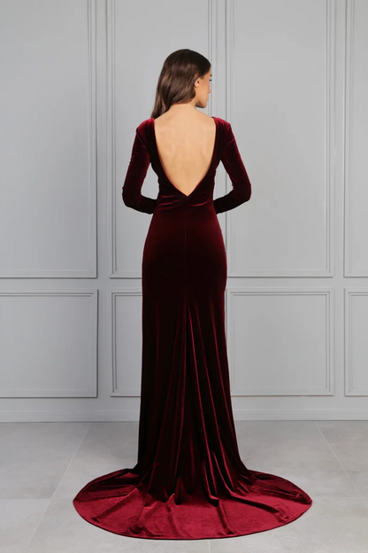 Wholesale Dark Burgundy Bridesmaid Velvet Dress Mermaid Maxi Open Back Train Dress