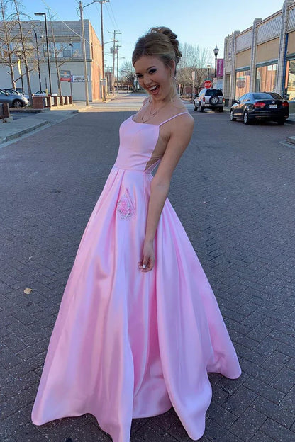 Wholesale Elegant Straps A-Line Pink Long Prom Dress with Beaded Pockets