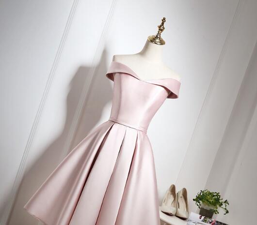 Lovely Pink Satin Off Shoulder Knee Length Formal Dress Homecoming Dress Party Dress Wholesale