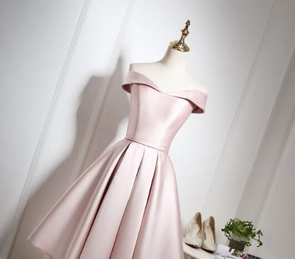 Lovely Pink Satin Off Shoulder Knee Length Formal Dress Homecoming Dress Party Dress Wholesale